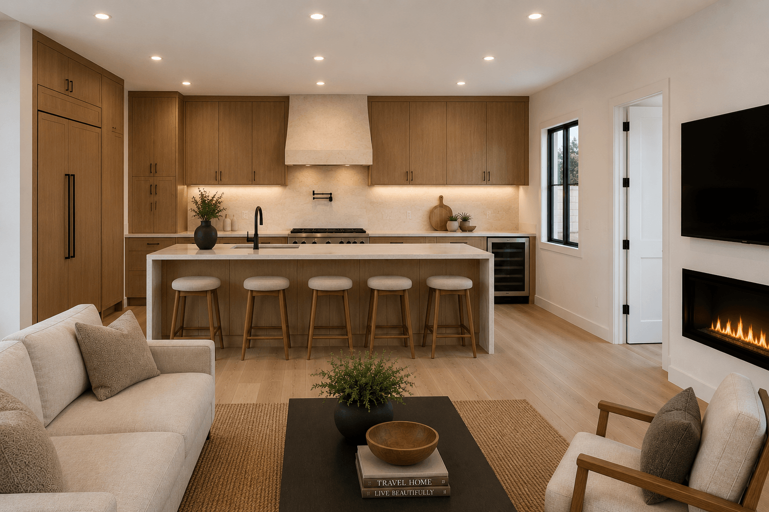 The Mountain View Estate casita — open-concept kitchen and living area with island, fireplace, and warm wood cabinetry