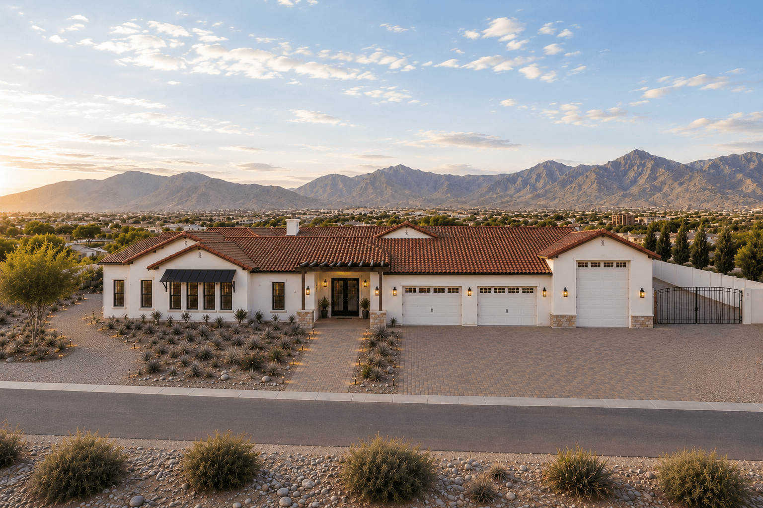 The Mountain View Estate front exterior at golden hour — stucco facade, 4-car garage, clay tile roof, and McDowell Mountain backdrop