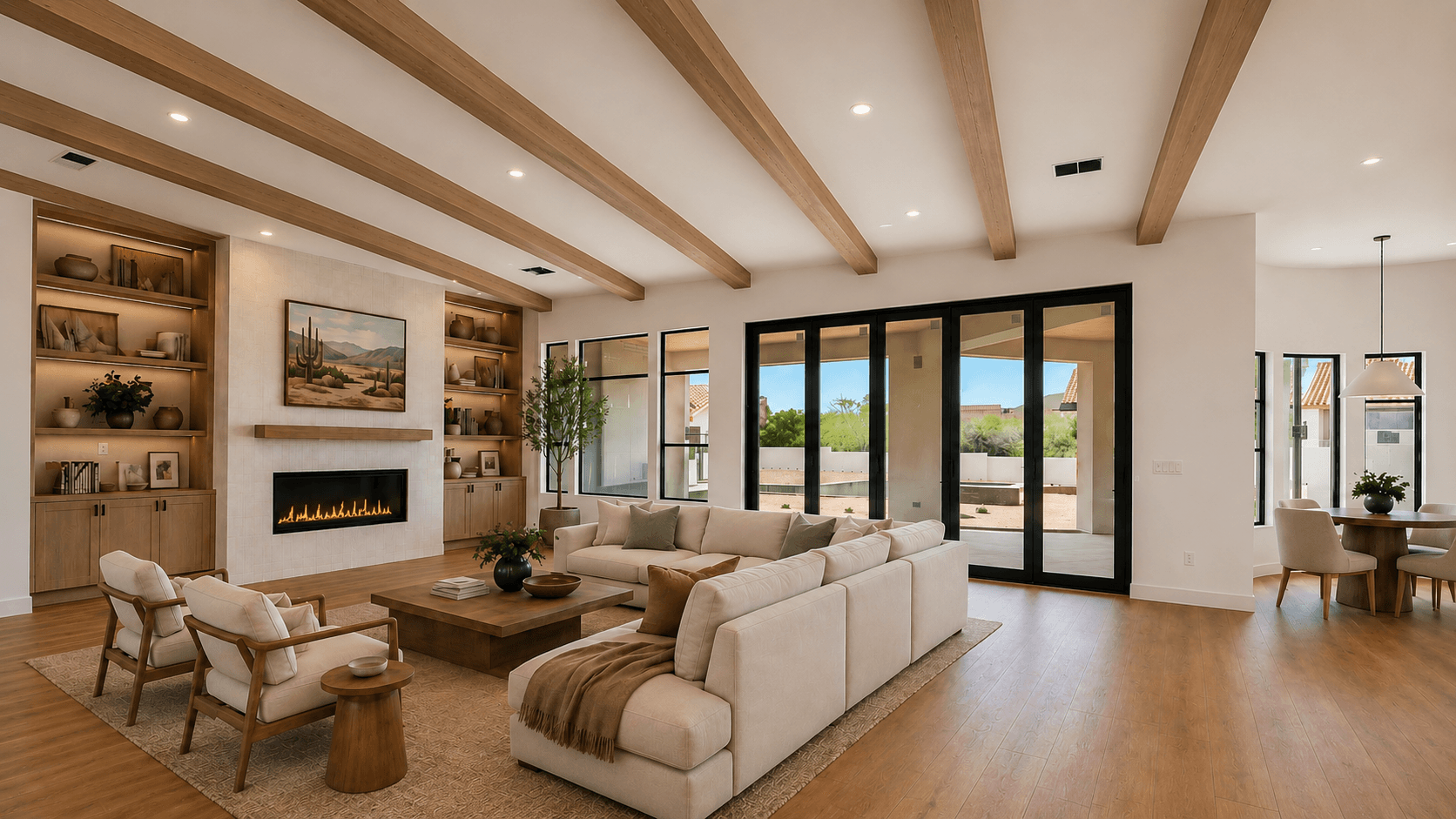 The Mountain View Estate great room — exposed timber beam ceiling, linear fireplace with built-in shelving, open to dining