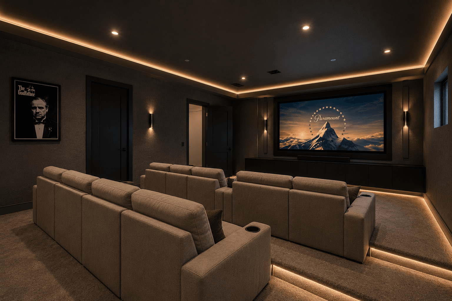 The Mountain View Estate private theater — tiered reclining seats, projection screen, and ambient cove lighting