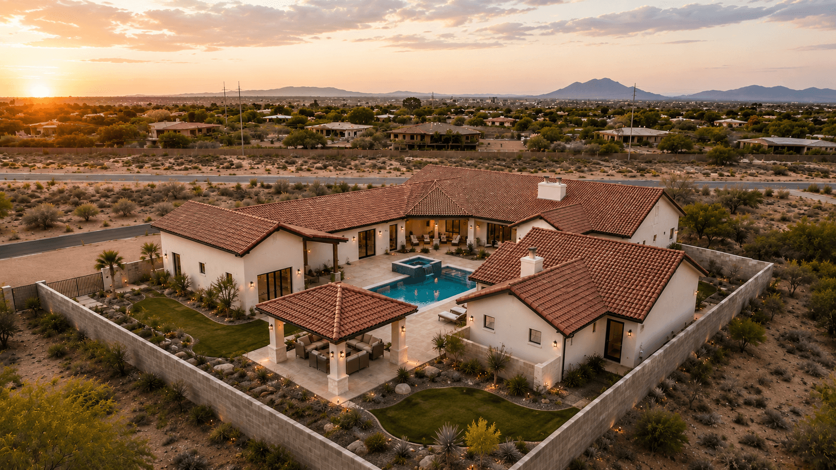 The Mountain View Estate aerial at sunset — full 1.34-acre property showing courtyard pool, L-shaped plan, and desert setting
